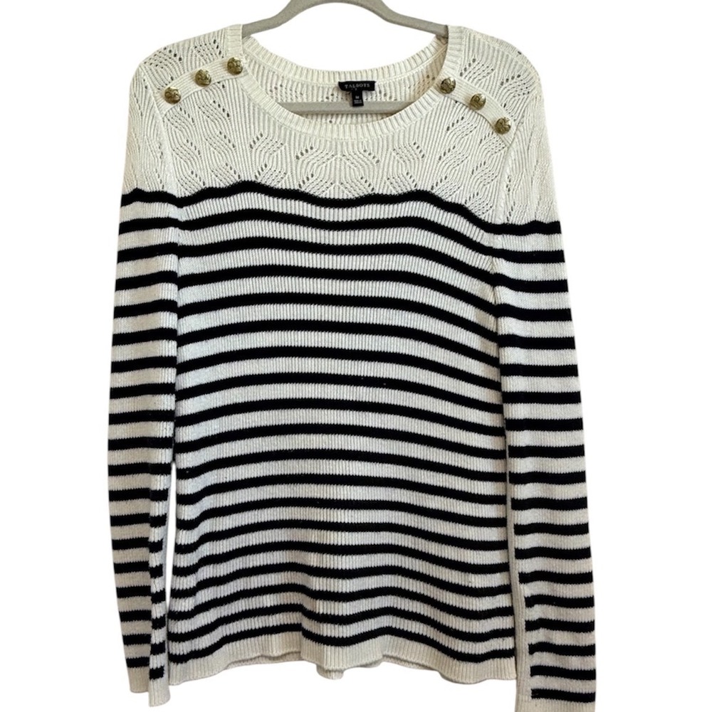 Talbots Womens Ivory Navy Striped Pointelle Shoulder Button Sweater M JO5161
